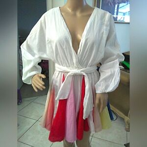 BNWT L'ATISTE White DRESS W/ MULTI COLOR STRIPED PLEATED BOTTOM PART SZ.S W BELT